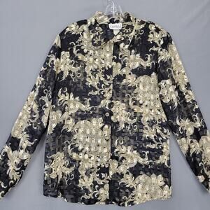 Expose Black Gold Shirt Floral Sheer Blouse Long Sleeves Button Up Womens Size L